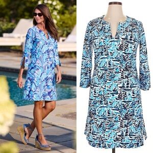 Jude Connally Megan Dress Sailboat Novelty Print Jude Cloth 3/4 Sleeve Shift XL